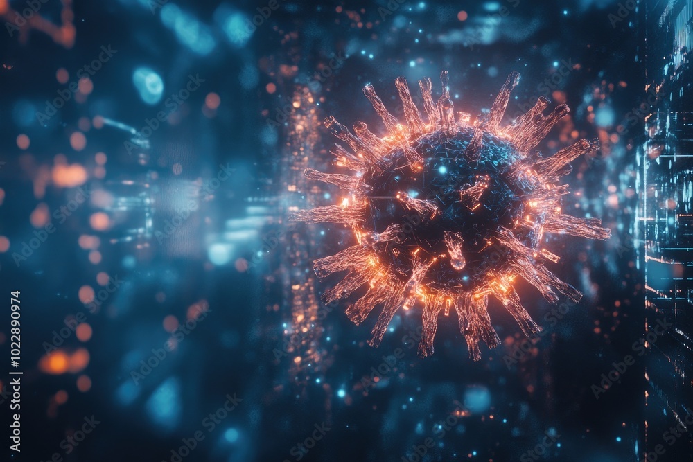 Vibrant digital representation of a virus with glowing particles, abstract background. Vibrant digital representation of a virus with glowing particles, abstract background.