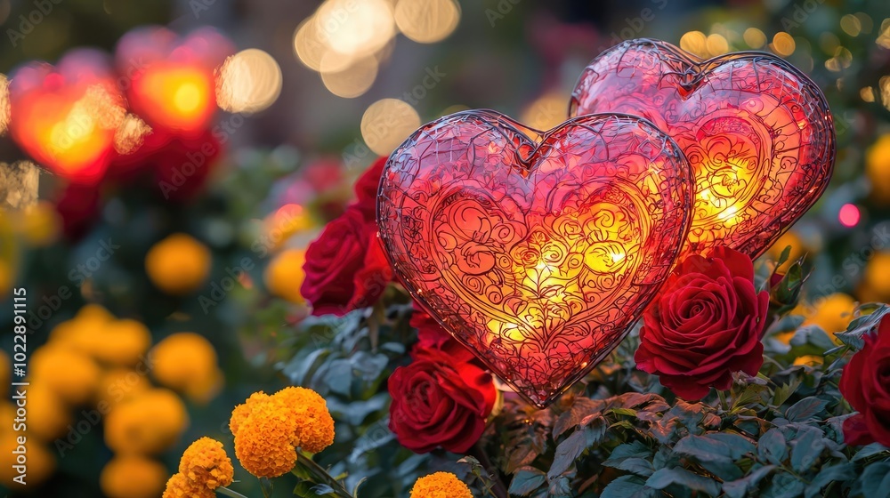 Beautifully illuminated heart-shaped decorations surrounded by vibrant roses and flowers, perfect for romantic settings.