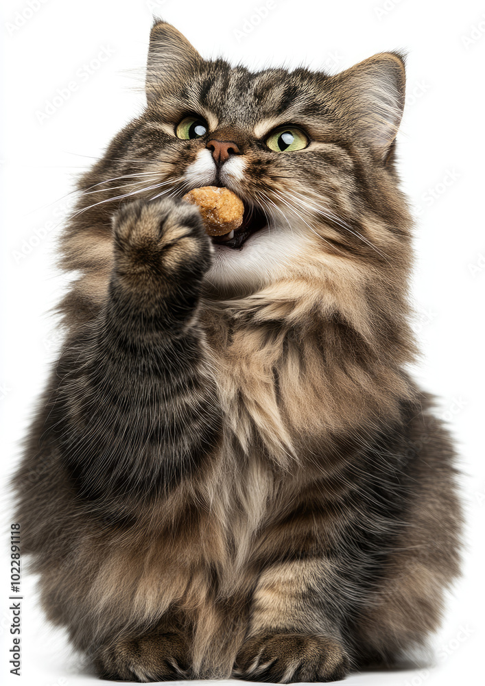 Obraz premium Fluffy Cat Joyfully Nibbling on a Treat, Showing Its Adorable Side