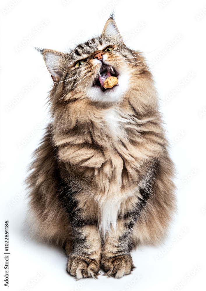 Fototapeta premium Cheerful Fluffy Cat Happily Nibbling on a Tasty Treat with Satisfaction
