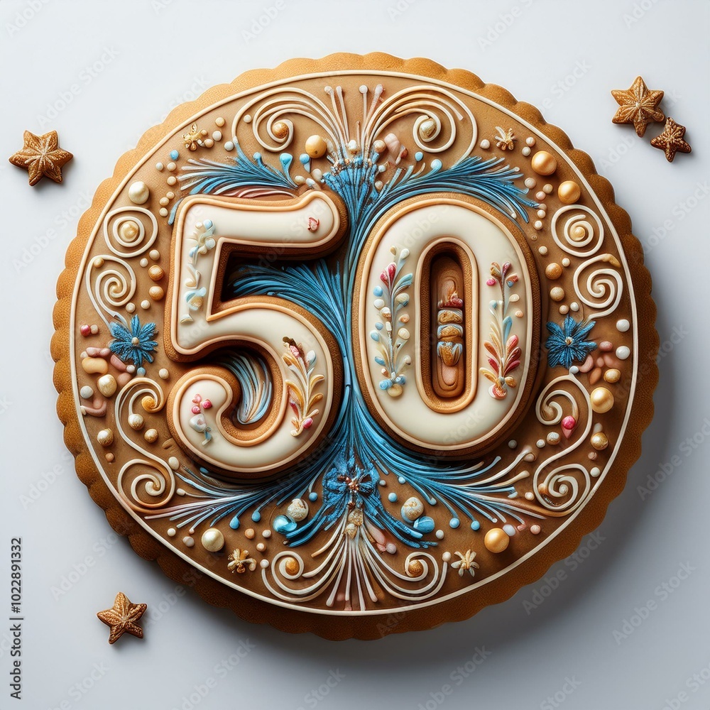 Decorated cookie, number 50, illustration for birthday or anniversary celebration Decorated cookie, number 50, illustration for birthday or anniversary celebration