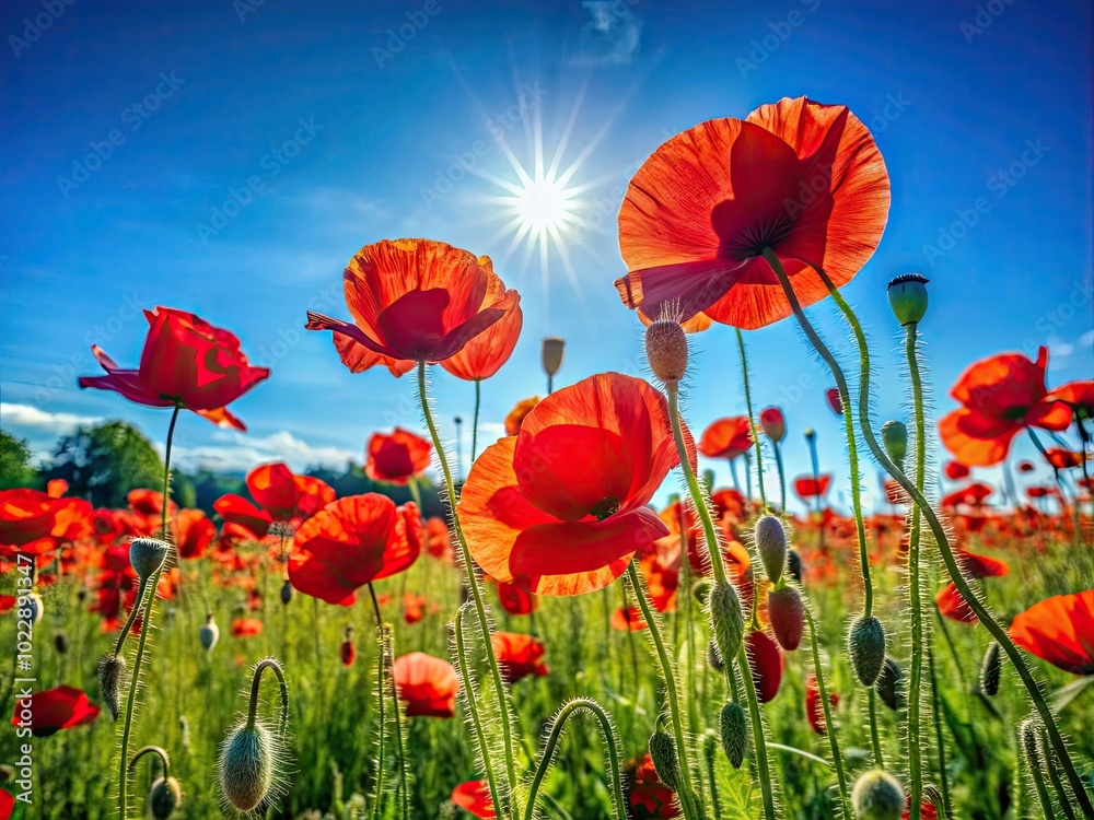 Fototapeta premium Vibrant Red Amapolas Blooming in a Sunny Field Against a Clear Blue Sky in Springtime Serenity
