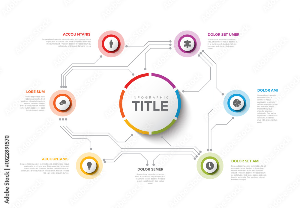 Infographic template layout with seven circle elements and electric circuit