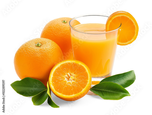 A glass of fresh orange juice surrounded by whole oranges, an orange slice, and green leaves, isolated on a transparent background, perfect for showcasing citrus freshness.