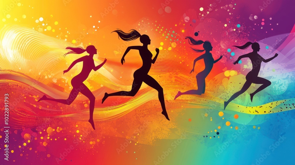 Naklejka premium Vibrant illustration of silhouetted women running against a colorful abstract background.