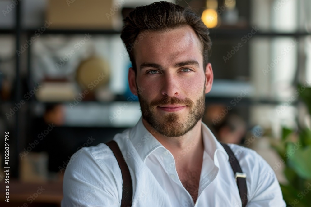 A man dressed in a white shirt and suspenders stands with a friendly smile in a stylish cafe filled with light and greenery, exuding a relaxed yet professional vibe.