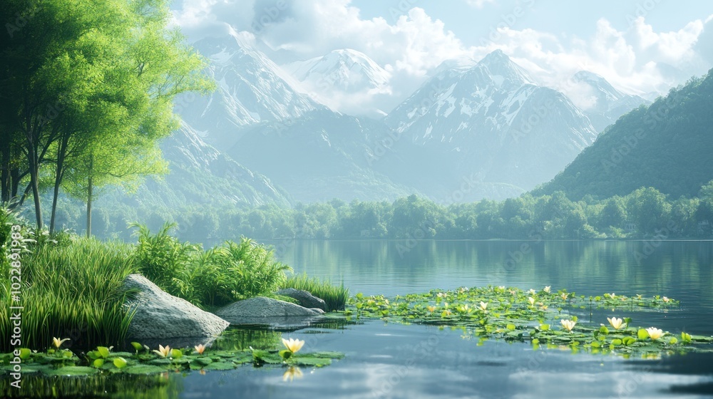 Naklejka premium Mountain Lake with Water Lilies