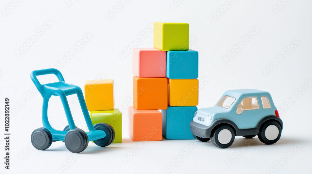 A blue toy car is sitting on top of a stack of blocks A blue toy car is sitting on top of a stack of blocks