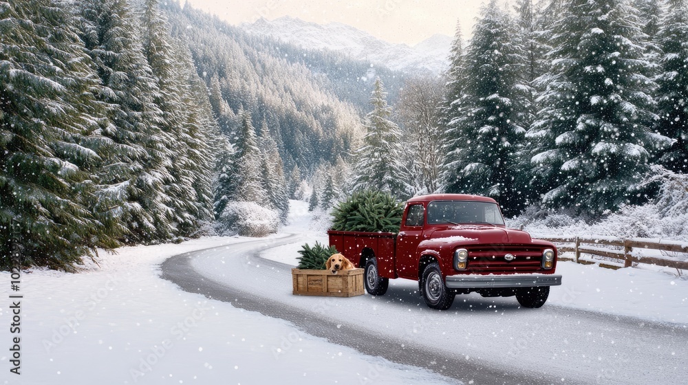 A red truck is parked on a snowy Christmas tree farm, where a golden retriever sits in the pickup bed, watching the falling snow and nearby trees, creating a nostalgic winter moment A red truck is parked on a snowy Christmas tree farm, where a golden retriever sits in the pickup bed, watching the falling snow and nearby trees, creating a nostalgic winter moment