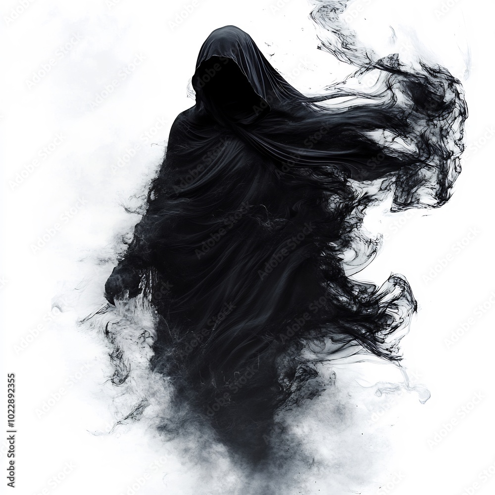 Fototapeta premium A spectral hooded figure with black mist swirling as it flies, on a white background