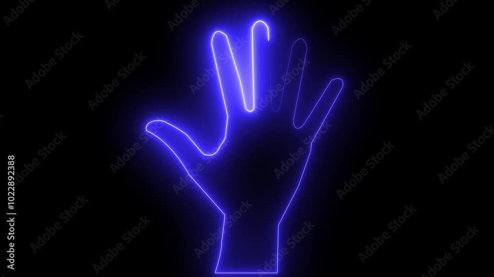 Open hand, palm neon sign. Bright glowing symbol on a black background. Neon style icon. Open hand, palm neon sign. Bright glowing symbol on a black background. Neon style icon.