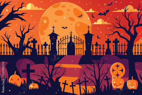 Spooky Halloween Night Scene with Haunted House