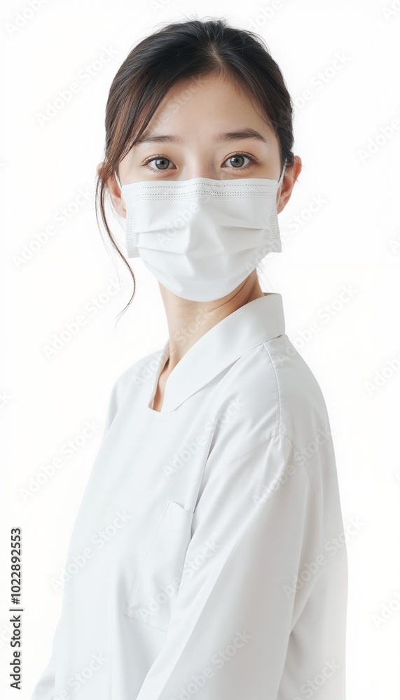 Young Asian woman wearing a face mask in a white outfit on a bright background, on white background
Young Asian woman wearing a face mask in a white outfit on a bright background, on white background