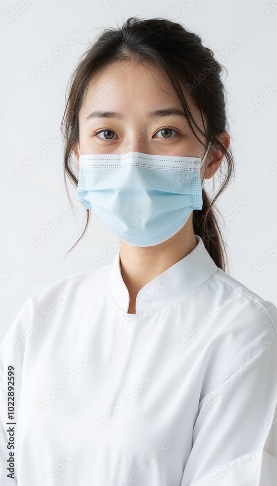Young Asian woman wearing a blue medical mask and white uniform on light background
Young Asian woman wearing a blue medical mask and white uniform on light background