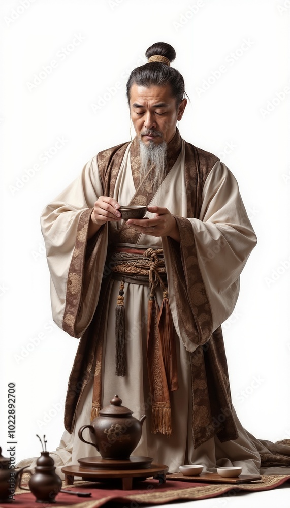 Elderly Asian man in traditional attire engaged in tea ceremony on white background Elderly Asian man in traditional attire engaged in tea ceremony on white background