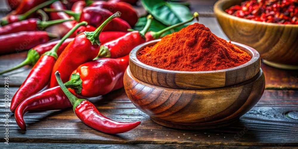 Vibrant Red Paprika Spice Powder in a Wooden Bowl with Whole Peppers on a Rustic Kitchen Table Vibrant Red Paprika Spice Powder in a Wooden Bowl with Whole Peppers on a Rustic Kitchen Table