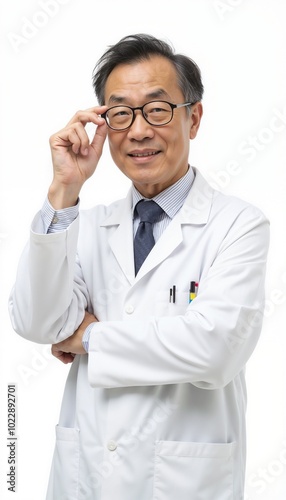 Confident sixty-year-old Asian scientist wearing glasses and white lab coat on white background