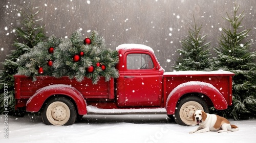 A red truck is parked on a snowy Christmas tree farm, where a golden retriever sits in the pickup bed, watching the falling snow and nearby trees, creating a nostalgic winter moment
