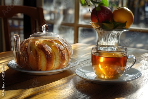 Colazione, con brioche su piatto bianco, tazza di thÃ©, ed una mela - generative ai photo