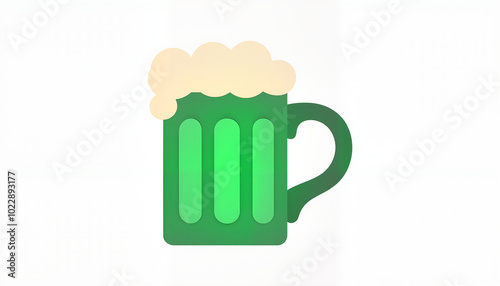 Minimalist green beer mug with foam on white background.