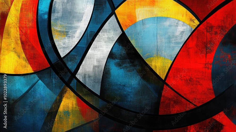 Fototapeta premium Abstract colorful geometric design with curved lines and bold colors.
