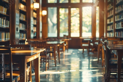 The library is bathed in warm afternoon light, highlighting the wooden tables and rows of books, creating a tranquil atmosphere for study and reflection.