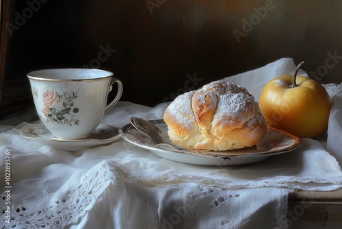 Colazione, con brioche su piatto bianco, tazza di thÃ©, ed una mela - generative ai photo