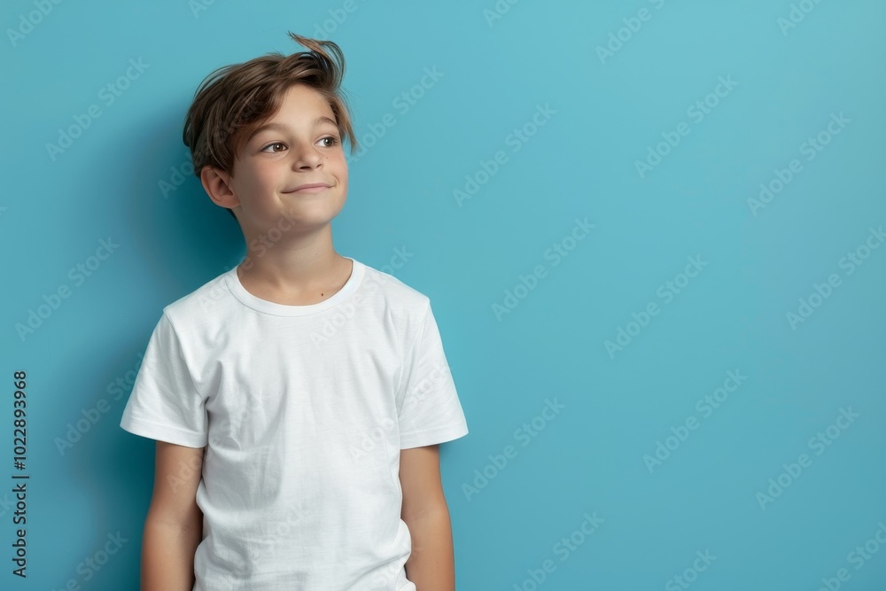 A young boy stands quietly by a pastel blue wall with a thoughtful expression, showcasing innocence and curiosity as he gazes off to the side.