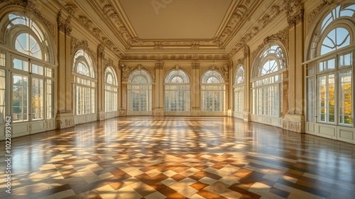 Grand Hall with Sunlight Streaming through Windows
