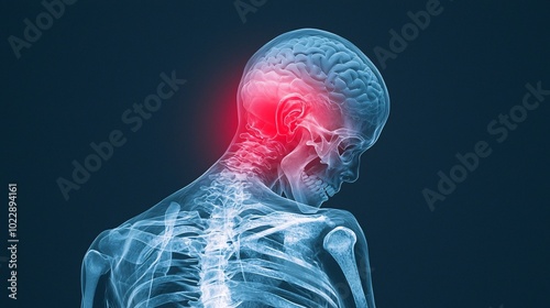 Anatomy of Pain:  X-ray style medical illustration of a human head and neck showing severe pain in the occipital region.  Perfect for medical publications, websites, and educational materials.