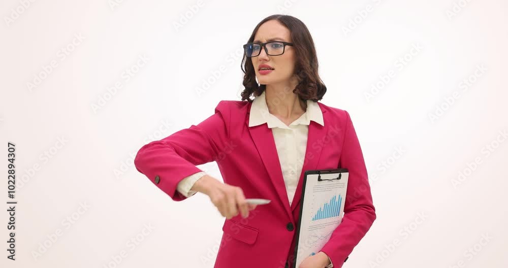 Businesswoman with clipboard shouts waving hand to chase away visitor on white background. Angry female entrepreneur in formal jacket hoofs out worker from office