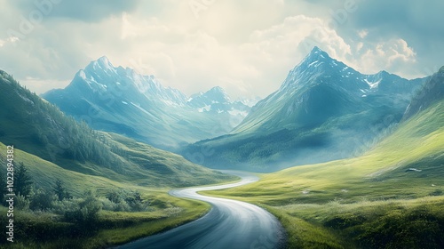 Winding Road Through a Mountain Valley with Green Grass and a Cloudy Sky