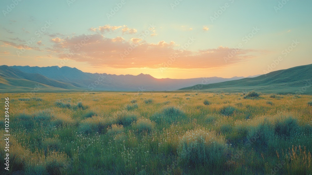 Fototapeta premium Sunset Over Grassland and Mountains