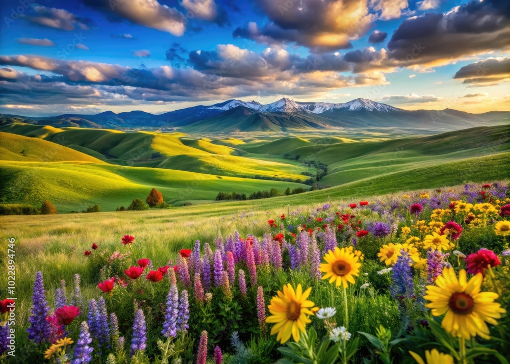 Obraz premium Vibrant Spring Landscape in Idaho Showcasing Lush Green Fields and Blooming Wildflowers