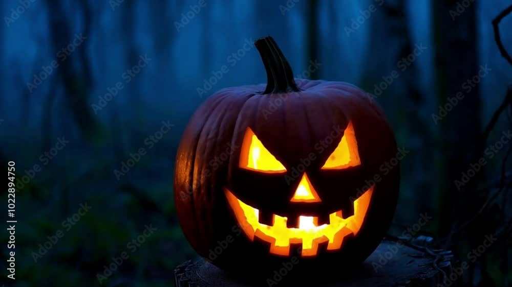 Pumpkin in Spooky Forest - A solitary jack-o'-lantern glows in the darkness of a haunting night. Pumpkin in Spooky Forest - A solitary jack-o'-lantern glows in the darkness of a haunting night.