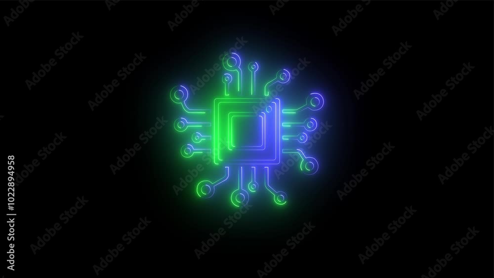 Glowing neon CPU icon animation. Neon processor icon .Glowing neon line Computer processor with microcircuits CPU icon isolated on black background. Glowing neon CPU icon animation. Neon processor icon .Glowing neon line Computer processor with microcircuits CPU icon isolated on black background.
