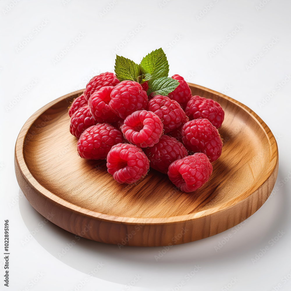 Raspberry on Wooden Plate - White Background Raspberry on Wooden Plate - White Background