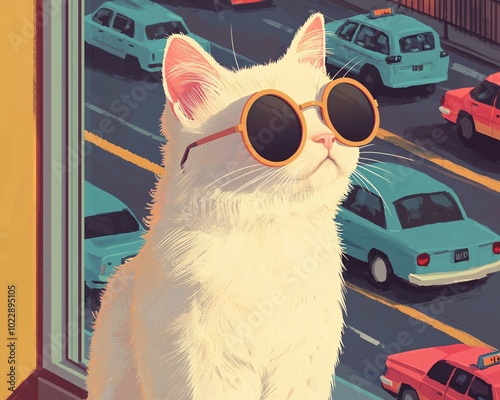 Cool Cat in the City: A stylish white cat wearing round sunglasses gazes out a window at a bustling city street scene, a retro-inspired illustration. 