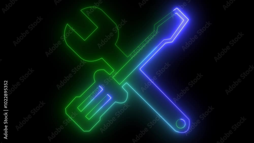 icon of pliers and bolt lock and with a glowing neon effect black screen background. icon of pliers and bolt lock and with a glowing neon effect black screen background.