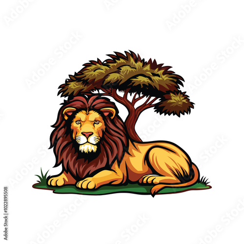 A hand drawn vector illustration of a majestic lion resting under a tree.