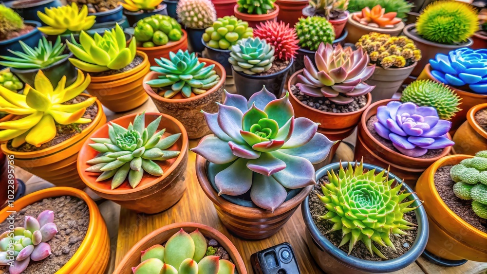 Fototapeta premium Vibrant Succulent Collection in Decorative Pots Showcasing Unique Shapes and Textures for Home Decor
