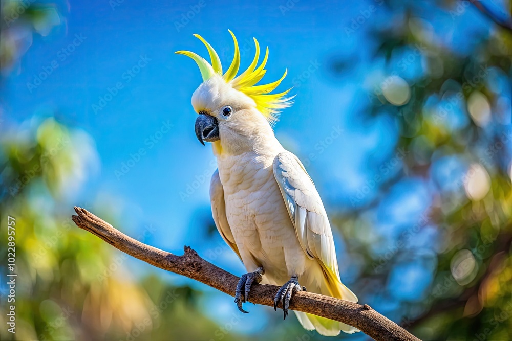Vibrant Sulfur Crested Cockatoo Perched on a Branch Against a Clear Blue Sky in Natural Habitat Vibrant Sulfur Crested Cockatoo Perched on a Branch Against a Clear Blue Sky in Natural Habitat