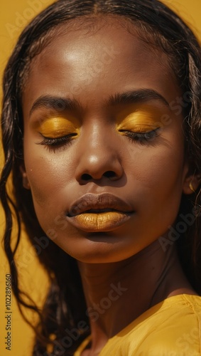 Portrait of African woman with gold makeup and loose waves, eyes closed peacefully