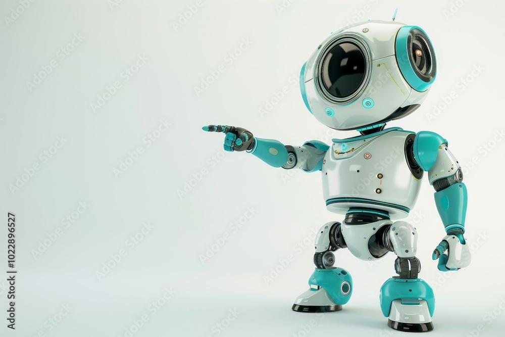 The robot, with its large expressive eyes and vibrant colors, engages viewers by pointing, embodying the essence of advanced robotics in a modern setting.