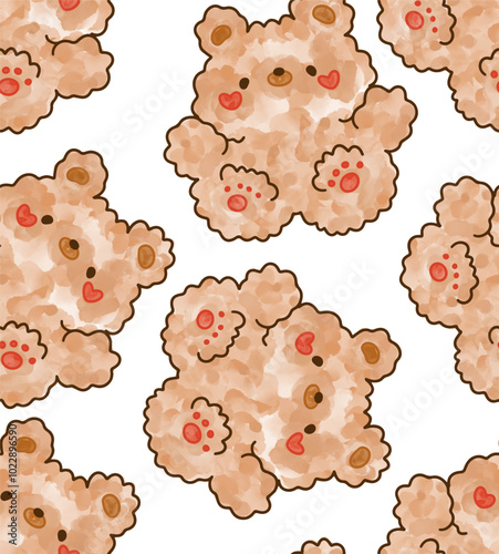 Cute watercolor teddy bear with heart cheeks and curly fur, seamless pattern background.