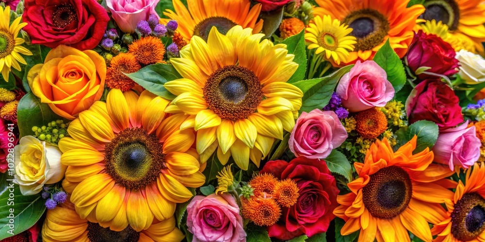 Naklejka premium Vibrant Sunflower and Roses Floral Background for Inviting and Cheerful Design Projects