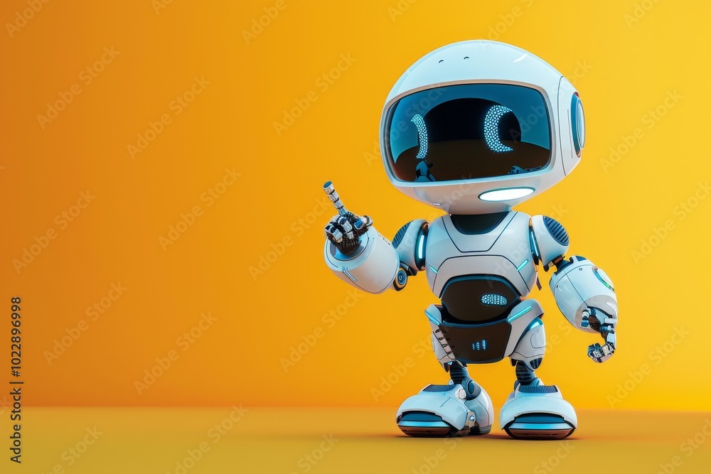 A small, stylized robot with a friendly design stands against a bright orange backdrop. It raises one finger as if explaining something in a fun, engaging manner. A small, stylized robot with a friendly design stands against a bright orange backdrop. It raises one finger as if explaining something in a fun, engaging manner.