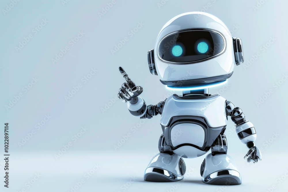 A toy-like robot with bright blue eyes stands confidently, pointing its finger upwards. The setting is a simple, light-colored space highlighting its design. A toy-like robot with bright blue eyes stands confidently, pointing its finger upwards. The setting is a simple, light-colored space highlighting its design.