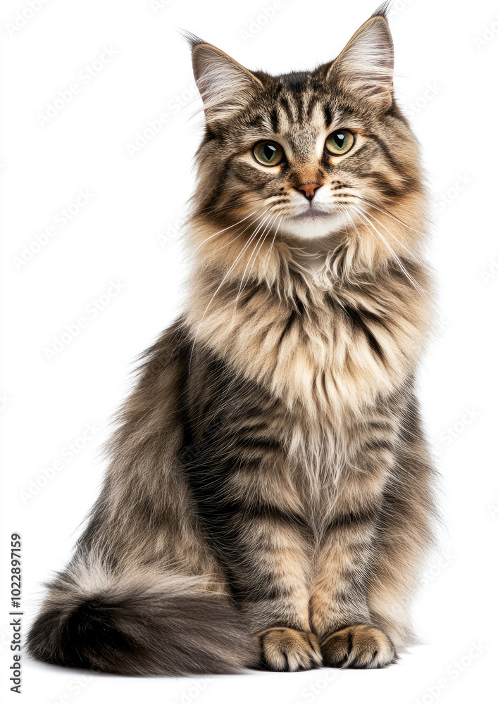 Fluffy Cat Sitting Elegantly with Its Tail Wrapped Around Its Body Fluffy Cat Sitting Elegantly with Its Tail Wrapped Around Its Body