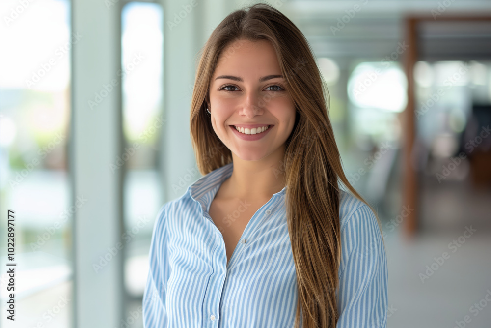 Businesswoman with long brown hair is smiling and wearing a blue shirt